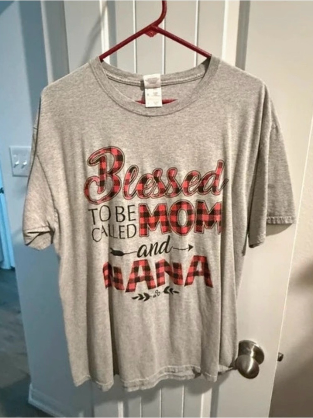 Fruit of the Loom Gray Tee with Red Plaid "Blessed" Graphic